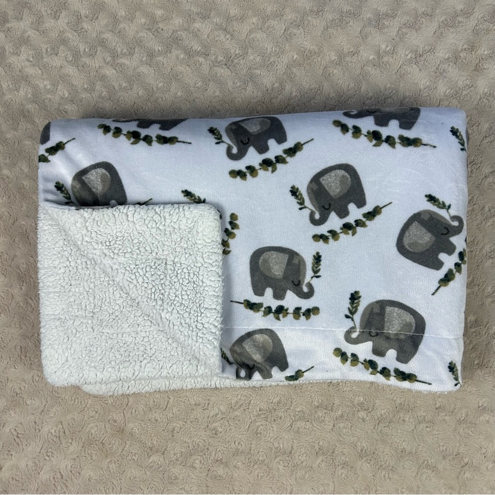 SL Home Fashions Elephants Branch Baby Blanket Gray White Green Leaves Sherpa